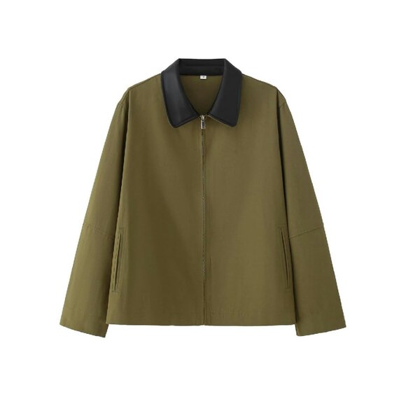 Lightweight Zip-Up Barn Jacket with Leather Collar for Spring Fall